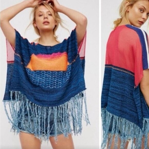 FREE PEOPLE RARE Boho Sunset Knit Rainbow Fringe Trim Poncho Sweater XS - Picture 2 of 7